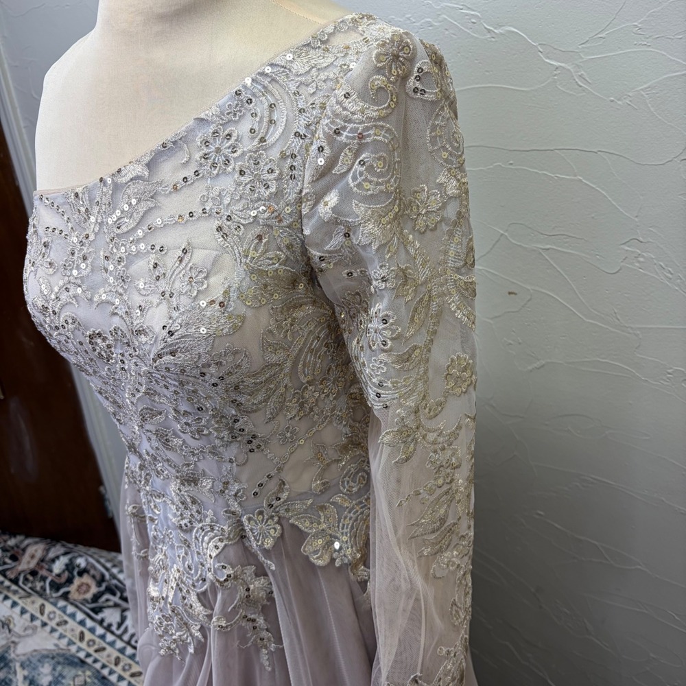 JJ's House Women One Shoulder Sequin Lace Tulle Gown Taupe Size 4 Prom Hoco Gala - Picture 2 of 11